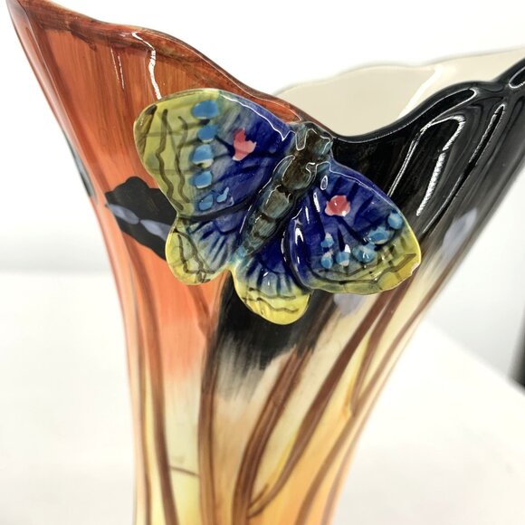 Butterfly Wings Vase Porcelain Majolica Orange Brown Blue Applied Butterfly 9" - Picture 2 of 7
